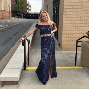 Size 0 , two piece, blue lace prom dress